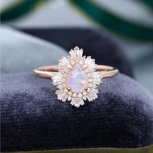 Art Deco Opal Ring Size 5 | Vintage Halo Lab Diamond Gold Plated